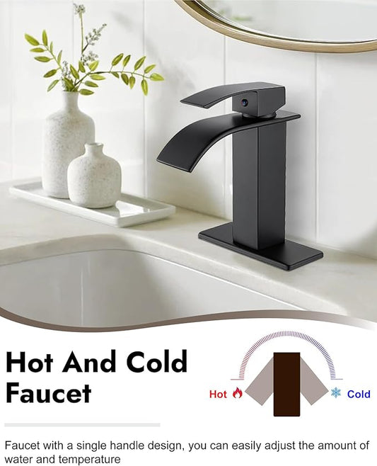 Midanya Waterfall Spout Bathroom Faucet Single Handle 1 Hole Bathroom Sink Faucet,Modern RV Lavatory Vanity Basin Tap with Water Hose,No Drain,Short Body,Matte Black
