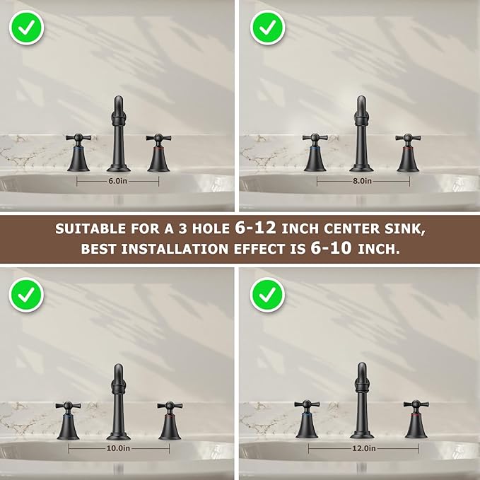 Hurran 8 Inch Widespread Bathroom Sink Faucet Matte Black, 3 Hole 2 Cross Handles Classic Vintage Antique Faucet with Metal Pop Up Drain and Supply Hoses for Vanity, RV, Farmhouse