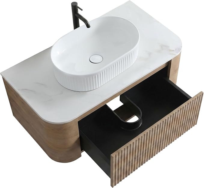 36" Preassembled Floating Bathroom Vanity with White Sink, Oak | Mid-Century Modern Style, Fluted & Soft-Close Drawer with U-shaped Wall, Sinterted Stone Countertop, Towel Rack Included