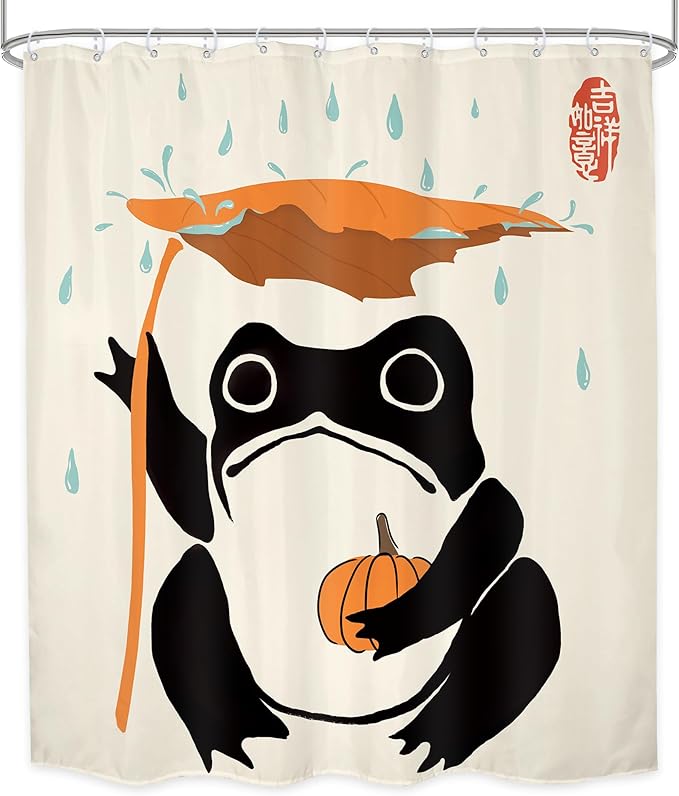 LGhtyro Funny Frog Shower Curtain Bathroom Set 60Wx71H Inches Pumpkin Asian Traditional Art Japanese Cute Animal Taking Maple Leaves Rain Bath Accessories Lovely Art Home Decor Fabric 12 Pack Hooks
