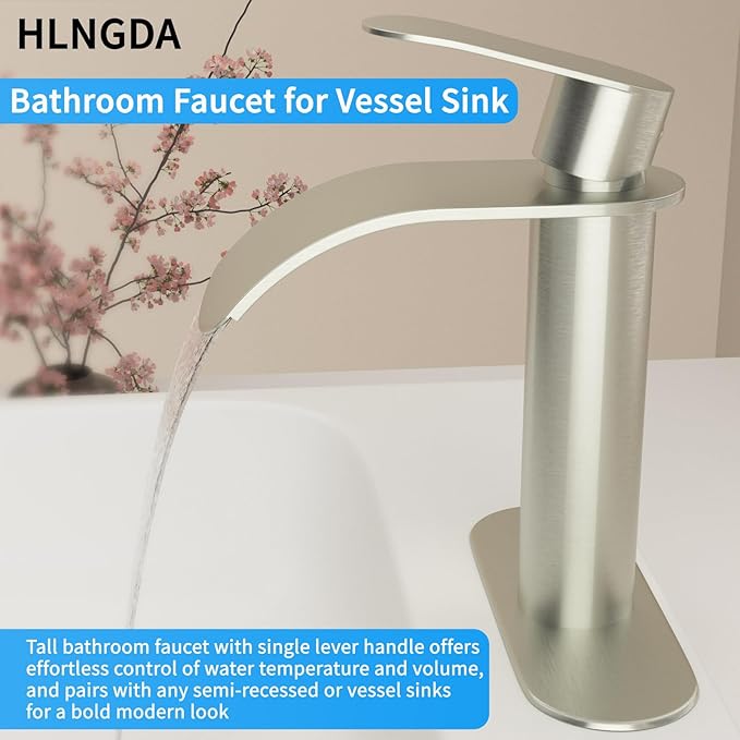 Vessel Sink Faucet,1 Hole Single Handle Tall Bathroom Vanity Faucets,Faucet for Bathroom Sink Modern Utility with Metal Pop Up Drain,Rv Lavatory Faucet Basin Mix Tap Solid Brass,Brushed Nickel
