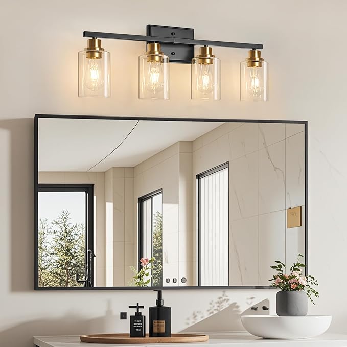Modern Bathroom Light Fixtures, 4 Light Vanity Lights Over Mirror, Black and Gold Wall Lamp with Clear Glass for Living Room Cabinet Bedroom Porch