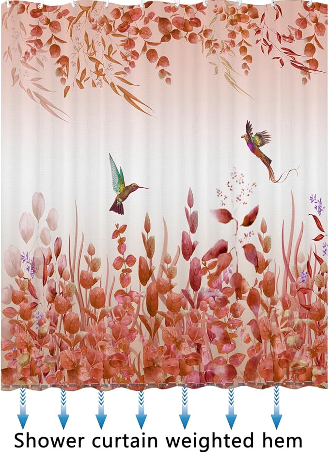Kingfisher Autumn Red Shower Curtain - 72"W x 72"L with 12 Hooks, Weighted Hem, Waterproof, Red Leaf Pattern