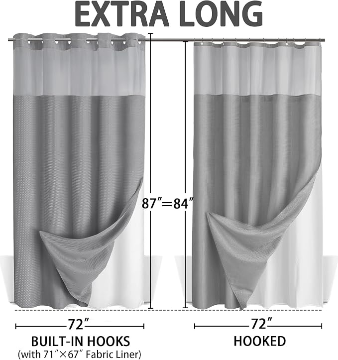 No Hook Shower Curtain with Liner Set Hotel Waffle Curtain Grey 72W X 87L | Washable Snap in Fabric Liner, Mesh Top Window, Waffle Hotel Style Shower Curtain Set