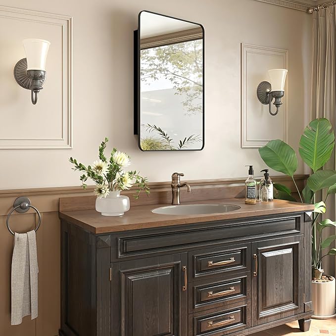 16x27.5 in Bathroom Medicine Cabinet with Mirror, Matte Black | Fully Assembled; Recessed or Surface Wall Mount; Metal Cabinet with Tempered Glass Mirror and Two Adjustable Glass Shelves