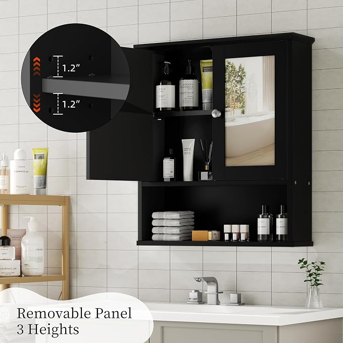 Shintenchi Bathroom Medicine Cabinet with Mirror, Wall Mounted, Black | Over The Toilet Cupboard, Adjustable Shelf, Open & Concealed Storage, 2 Magnet Doors, Space-Saving, Easy to Clean