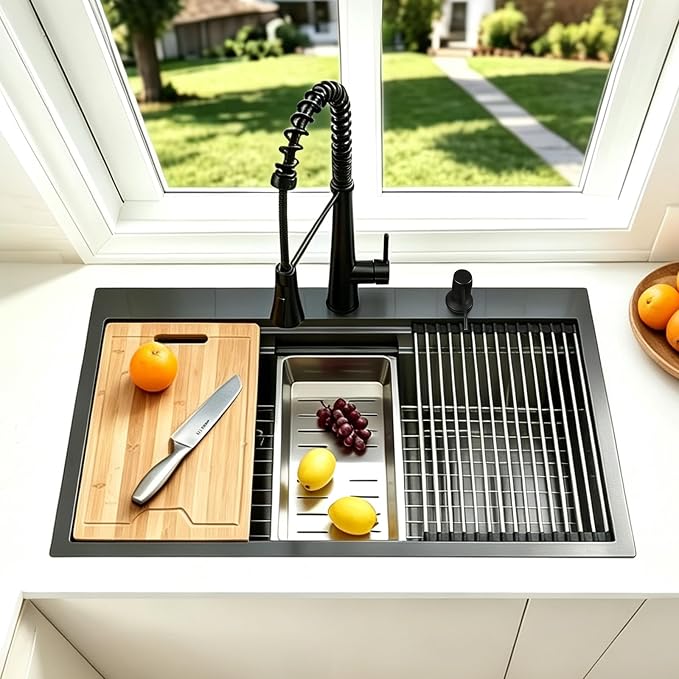 33x22 Black Drop In Kitchen Sink, 33 Inch Topmount Gunmetal Black Stainless Steel Single Bowl Overmount Double Ledges Workstation Sink with Accessories