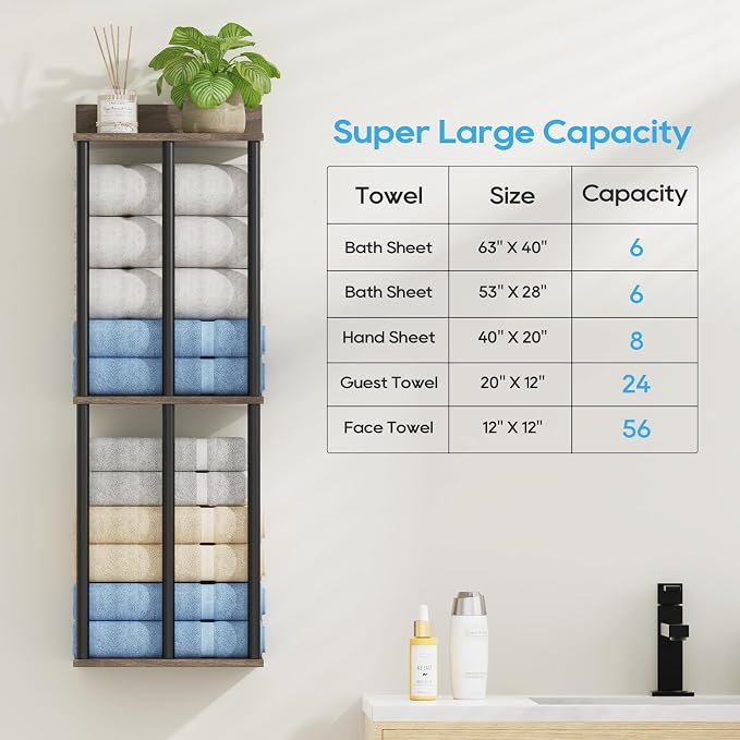 Towel Racks for Bathroom Wall Mounted with Wooden Storage Shelf | Updated 3 Bar Metal Towel Holder for Rolled Towels, Sturdy and Large Capacity, Towel Storage Organizer