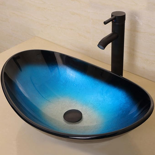 wonline Bathroom Oval Tempered Glass Vessel Sink with Oil Rubbed Bronze Faucet and Drain Combo Black and Blue Boat