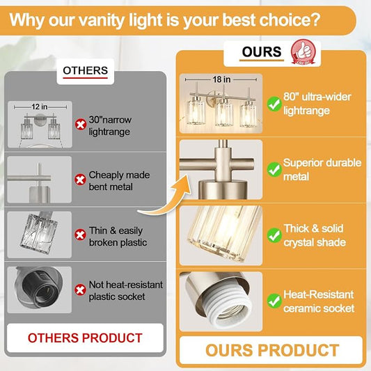 3-Light Bathroom Vanity Light Fixture, Brushed Nickel Bathroom Light with K9 Clear Crystal Shades, Modern Wall Sconce Lighting for Bathroom Mirror, Bedroom, Hallway