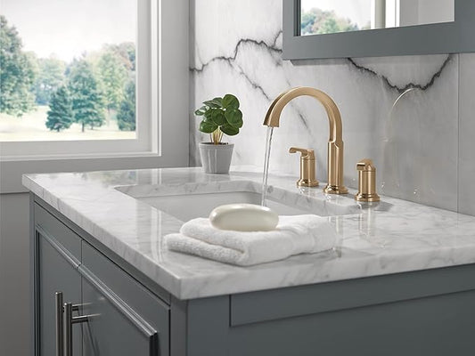Delta Tetra Brushed Gold Bathroom Faucet 3 Hole, 8 Inch Widespread Bathroom Sink Faucet for Vanity, Metal Push-Pop Drain Assembly, Lumicoat Champagne Bronze 35588-CZ-PR-DST