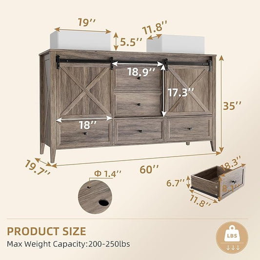 VNN Bathroom Vanity with Sink - 60 Inch Bathroom Vanity Double Sink Ceramic, Freestanding Cabinet with 2 Farmhouse Sliding Barn Doors and 5 Drawers, Space-Saving Storage Cabinet, Grey Wood Grain