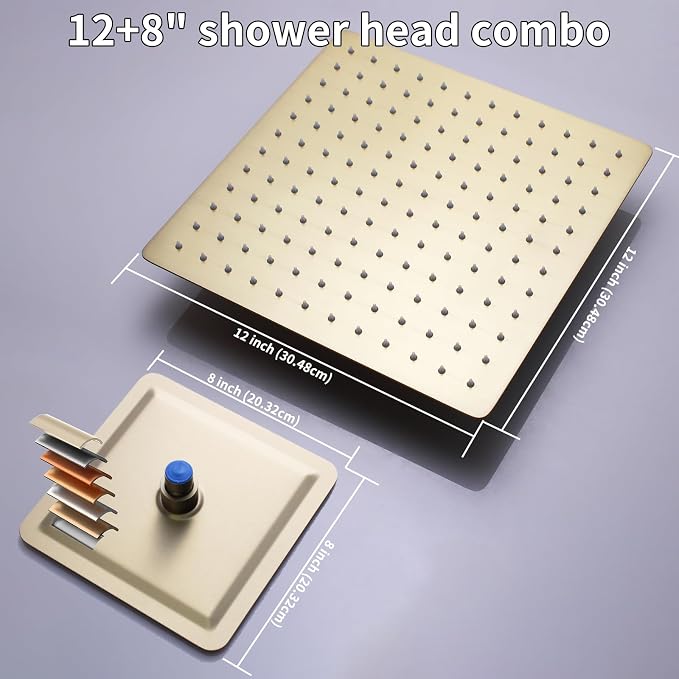 Brushed Gold Shower System with 3 Rain Shower Head(12+8+8 inch), Handheld Spray, 4 Way Smart Temperature Display Shower Faucet set
