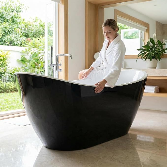 Garvee 59" Acrylic Soaking Bathtub, Deep Modern Tub with Non-Slip Base, CUPC Certified, Space-Saving Bath with Chrome Drain and Overflow, Easy Install for Small Bathrooms, Black