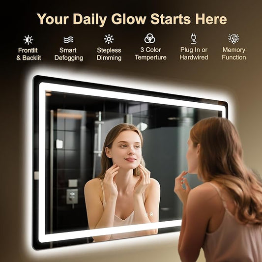 LED Bathroom Mirror, 30"x50" Bathroom Vanity Mirror with Lights for Wall, Smart Anti-Fog, Stepless Dimmable with 3 Color Mode, Backlit + Front Lit, Memory Function, ETL Listed
