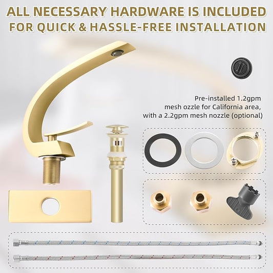 Brushed Gold Bathroom Sink Vanity Elegance Swan Faucet for 1 Hole With 6-Inch 3 Hole Deckplate,Rikaziya Bathroom Fixtures Faucets Pop Up Overflow Drain With 9/16" Supply Hose and to 1/2" Adapter Combo