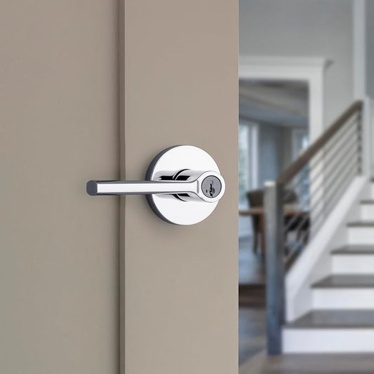 Kwikset Lisbon Round Entry Door Knob with Lock and Key, Secure Keyed Handle Exterior, Front Entrance and Bedroom, Polished Chrome, Pick Resistant SmartKey Rekey Security