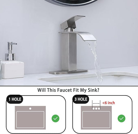 VAPSINT Brushed Nickel Waterfall Bathroom Faucet, Modern Single Handle Bathroom Sink Faucet for 1 or 3 Hole, Stainless Steel Deck Mount Vanity Washbasin Faucets with Deck Plate and Pop-up Drain