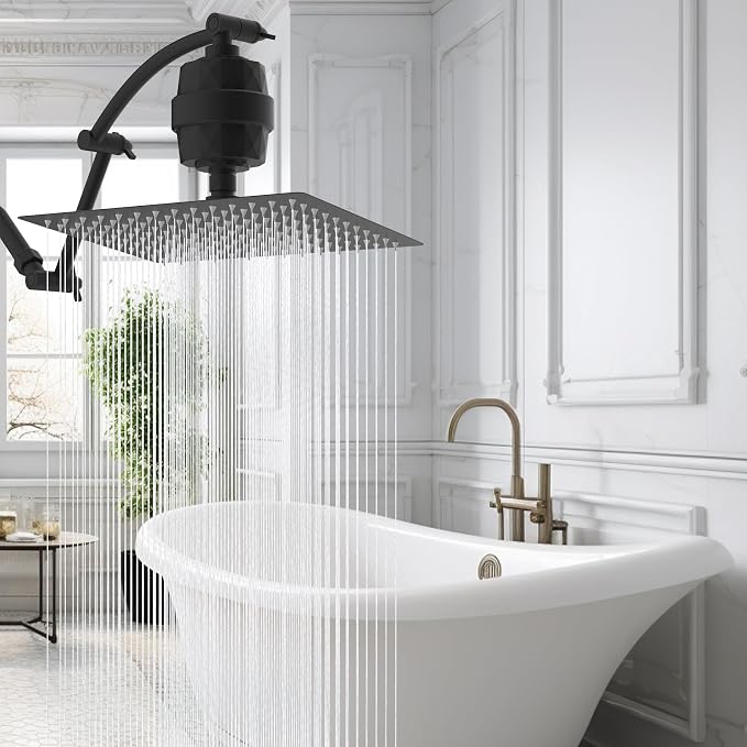 Hibbent 12'' Filtered Rain Shower Head with 16'' Extension Arm, Matte Black | High Pressure Rainfall Showerhead, Brass Adjustable Shower Head Extension Arm, 20 Stage Shower Filter, Fixed Showerheads