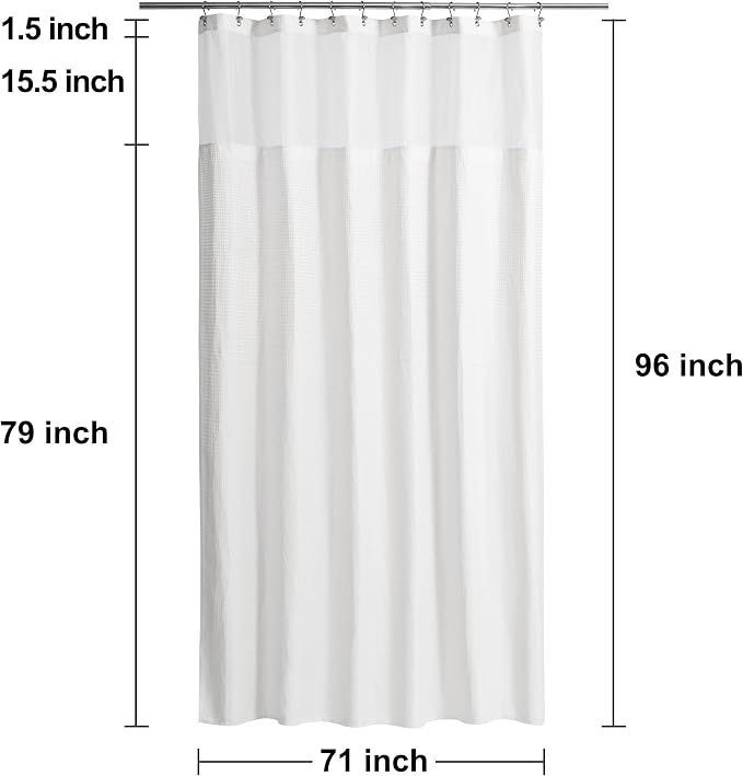 N&Y HOME Extra Long Waffle Shower Curtain with Snap-in Liner White, 71x96 | 12 Hooks & Snap on Fabric Liner, Washable, Mesh Window, Hotel Style, 96 inches Length Shower Curtain Set for Bathroom