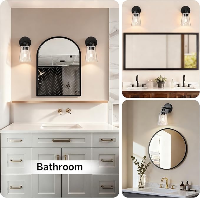 TALOYA 4 Inch Brushed Black Bathroom Light Fixtures with Thickend Clear Tapered Glass Shade, Set of 2 Modern Vanity Light Over Mirror for Bathrooms, Bedrooms (Bulbs Not Included)