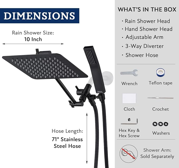 G-Promise All Metal 10" Dual Square Shower Head Combo | Rain Shower Head | Handheld Shower Wand | Adjustable | 3-Way Diverter | 71" Extra Long Hose - A Bathroom Upgrade (Matte Black) | Built to Last, Easy Install, Adjustable Height & Angle for All Heig...