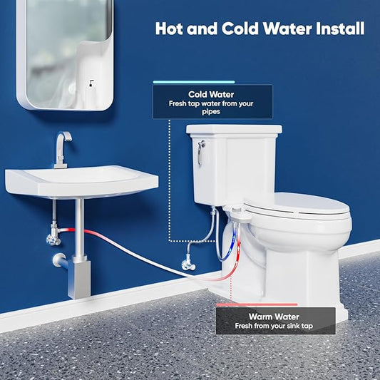 Hot and Cold Bidet, Warm Water Bidet Attachment for Toliet, Non-Electric Warm Bidet with Adjustable Water Pressure, Dual nozzle Rear and Feminine Wash - Self cleaning (White)