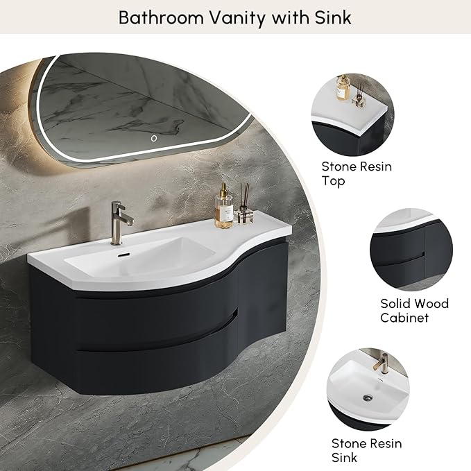 Floating Bathroom Vanity with Sink, 35.4" Modern Curved Bathroom Vanity, Wall Mounted Half-Circle Bathroom Cabinet, White & Black, Left-Hand Sink