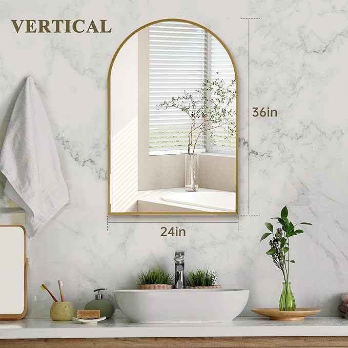Gold Arched Mirror 24x36in, Metal Framed Bathroom Vanity Wall | Tempered Glass, Shatter Proof, Living Room Bedroom Entryway, Modern Elegant Design