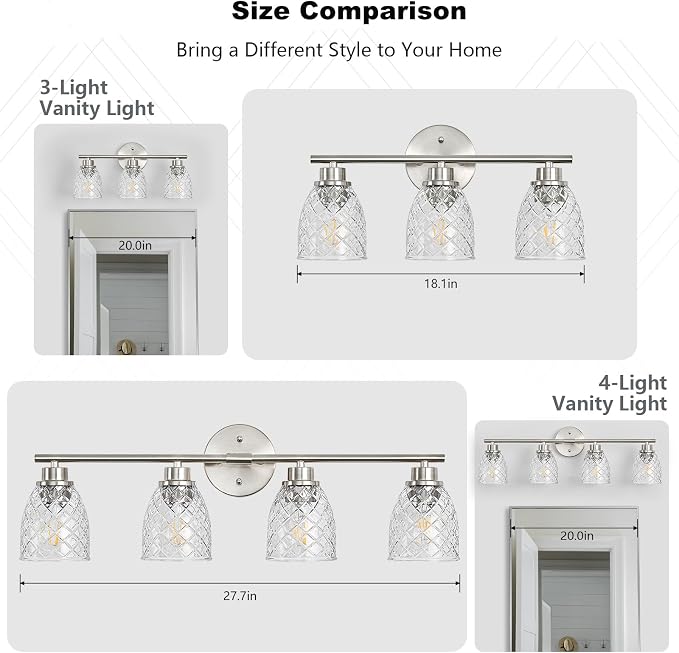 4-Light Vanity Light Over Mirror, Brushed Nickel Bathroom Light Fixtures | Modern Farmhouse Wall Sconces with Hammered Glass Lampshade for Kitchen Hallway Bedroom Living Room Cabinet Porch-27.5IN