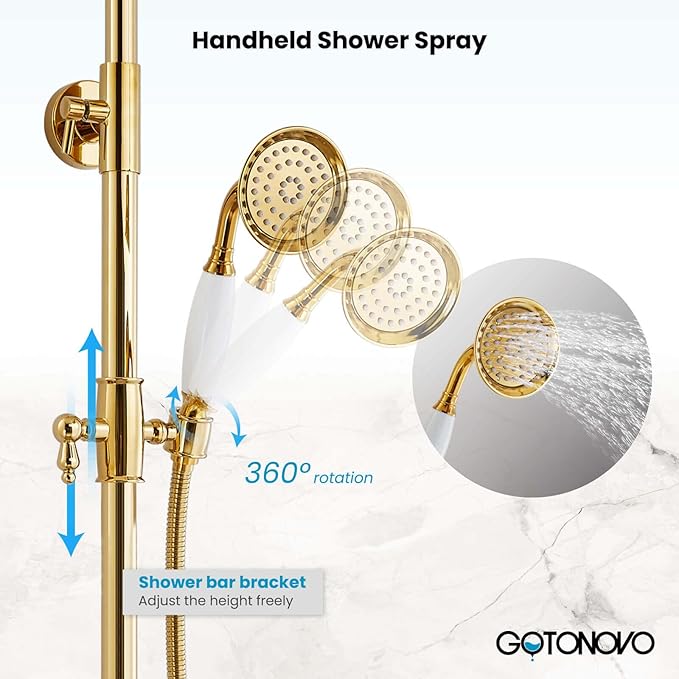 gotonovo Polish Gold Exposed Bathroom Shower Faucet 8 Inch Rainfall Shower Head System Handheld Spray Bathroom Wall Mount Shower Fixture Set