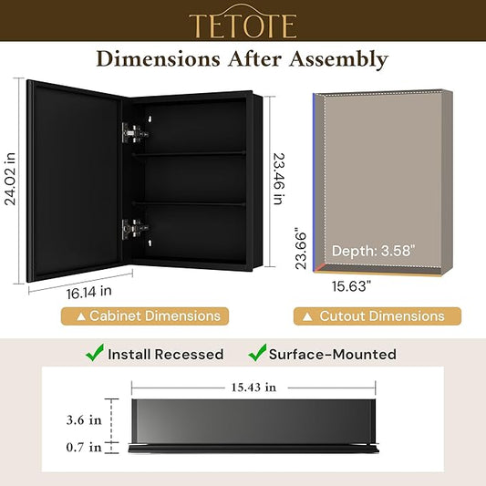 TETOTE 16 x 24 Medicine Cabinet with Tempered Beveled Mirror Black Bathroom Mirror with Storage Aluminum Cabinet DTC Hinges, Stepless Adjustable Shelves, Recessed/Surface-Mounted