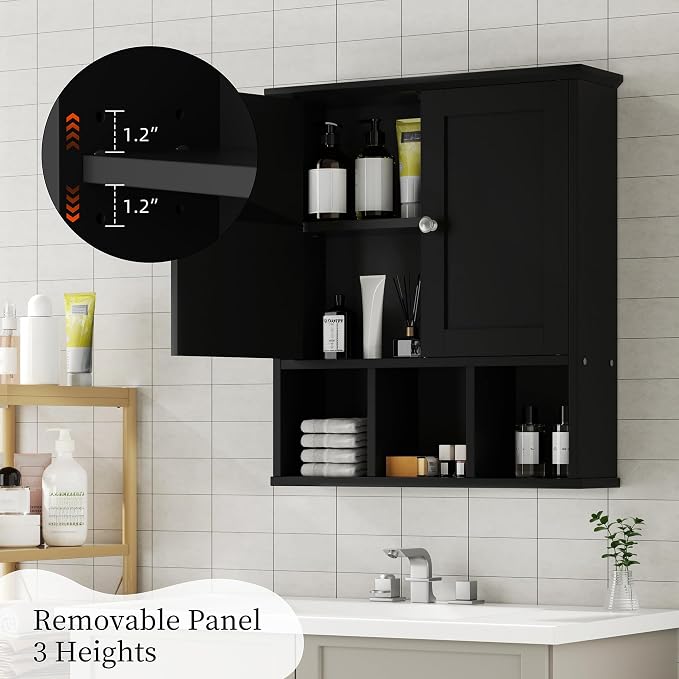 Shintenchi Bathroom Medicine Cabinet, Wall Mounted, Adjustable Shelf, Black | Over The Toilet Cupboard, Open & Concealed Storage, 2 Magnet Doors, Space-Saving, Easy to Clean