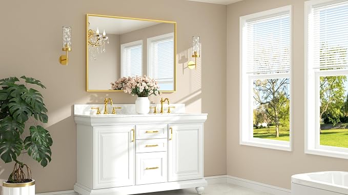 Brushed Brass Bathroom Mirror for Over Sink 48" x 36" Large Gold Beveled Framed Rectangular Vanity Mirror for Bathroom, Bedroom, Entryway, Living Room, Tempered Glass, Stronger Frame