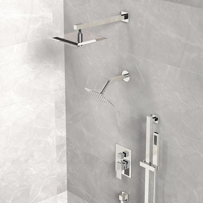 10" High-Pressure Rainfall Shower Faucet with Handheld Spray, Wall Mount Dual Shower Head System with Slide Bar (Polished Chrome)