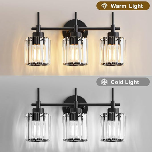 EJIAXIN 3 Light Black Crystal Vanity Light, Modern Bathroom Vanity Light Over Mirror, Up and Down Mount Wall Sconce Lighting for Bathroom Bedroom Living Room Hallway