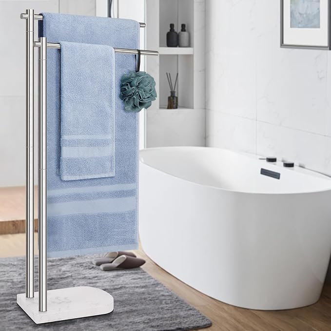 Livabber Standing Towel Rack, 304 Stainless Steel 2-Tier Towel Holder Stand with Marble Base, Modern Stylish Tall Shower Towel Bar for Bathroom Accessories, Pool(Brushed Nickel)