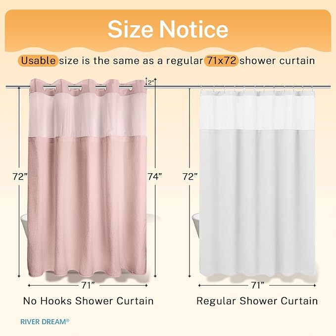 River Dream Waffle No Hook Shower Curtain with Liner,Light Pink,71x74 | Dotted Waffle,Snap-in Liner,Heavy Duty,Quick Dry,Mesh Top Window,With Bottom Magnets,Hotel-Grade,Washable,Standard Size