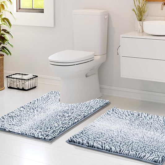 Hearth & Harbor Bathroom Rugs, Chenille Bath Mat - Machine Washable Bath Mats for Bathroom Non-Slip Backing Rubber, Quick Dry Bathroom Mat, 17 x 24 + 20 x 24 - Ombre Blue