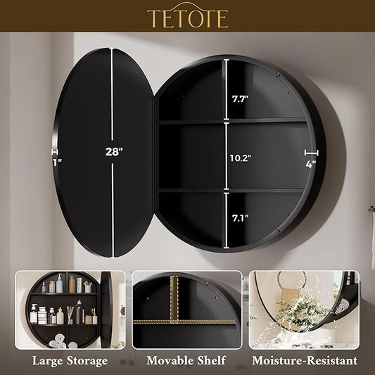 TETOTE Bathroom Mirror Cabinet 28 x 28 Black Round Bathroom Medicine Cabinet with Adjustable Shelves Farmhouse Wall Mirror with Storage Surface Mounted