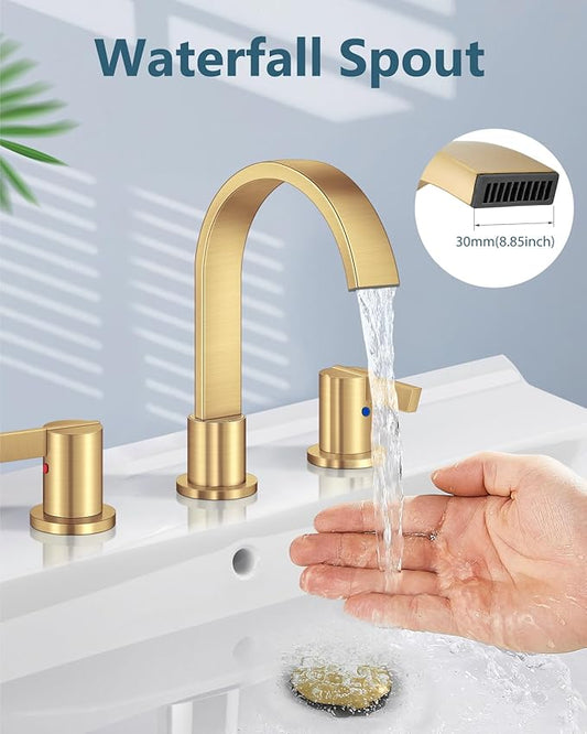 Aolemi Bathroom Faucets 3 Hole,8 Inch Widespread Waterfall Bathroom Sink Faucet,2 Handles Vanity Faucet with Pop-up Drain and Supply Hose,Gold