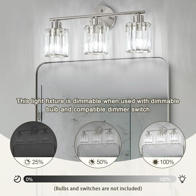Modern Brushed Nickel Crystal Bathroom Light Fixtures,3-Light | Bathroom Lighting Fixtures over Mirror,Vanity Lights for Mirror, Restroom(Ceramic E26 Socket,Bulbs Not Include)