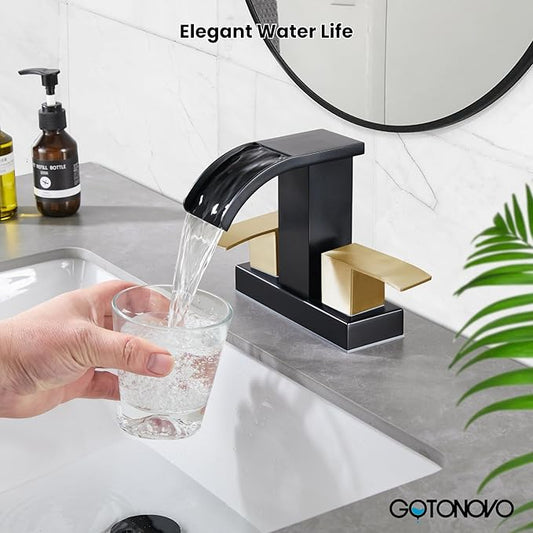 gotonovo Waterfall 4 Inch Centerset Bathroom Sink Faucet 2 Handle Basin Faucets 2 or 3 Hole Deck Mount with Pop Up Drain Included Lavatory Modern Mixer Tap Vanity Faucet Matte Black & Brushed Gold