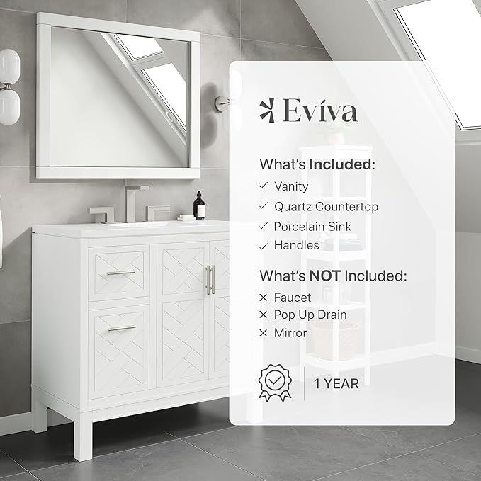 Eviva Cambridge 36 in. White Single Sink Bath Vanity with Quartz Top and Undermount Porcelain Sink
