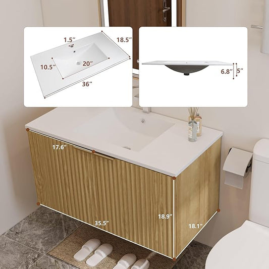 Modern Bathroom Vanity with Wavy Textured Doors - Wall Mounted Floating Cabinet, Soft-Close Waterproof Storage for Small Bathroom, Easy Install (Nature with Sink, 36)
