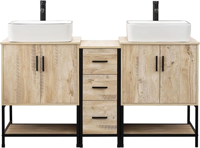 UEV Rustic 60" Double Sink Bathroom Vanity with Sink Combo,Industrial Iron Frame Bathroom Cabinet Sets with Middle 3 Drawers Cabinet (Rustic Oak, 031WH)
