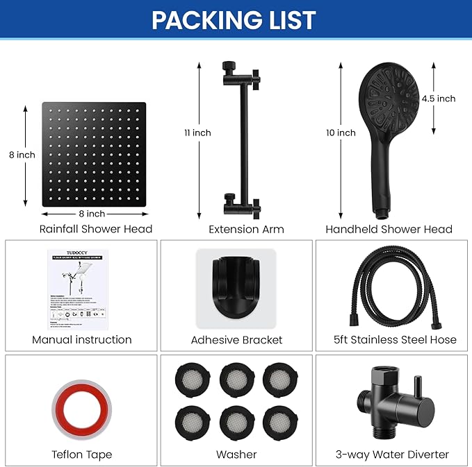 Shower Head, 8'' High Pressure Rainfall/Handheld Shower Combo, Matte Black | 9 Settings, Anti-leak Shower Head with 11'' Extension Arm, Holder, Hose, Height/Angle Adjustable Shower, 1.75GPM