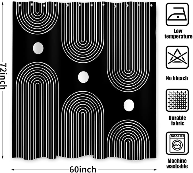 Black and White Shower Curtain, Boho Minimalist Mid Century Modern Arch Geometric Machine Washable Waterproof Fabric for Bathroom Bathtub with Hooks 60Wx72H
