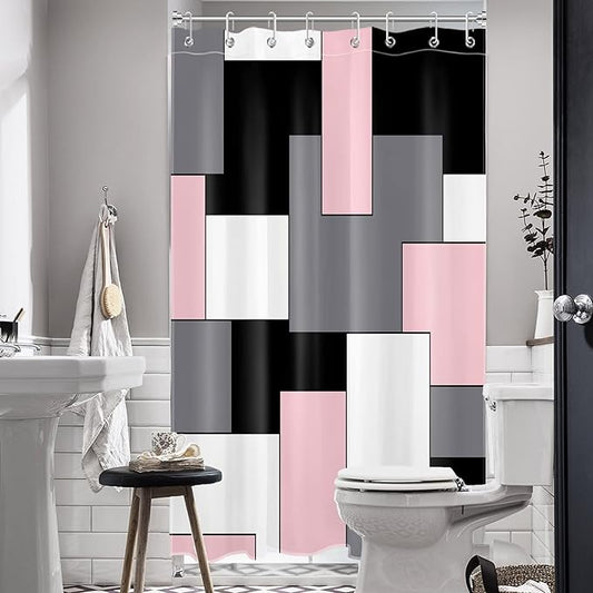 HVEST Modern Pink Shower Curtain with Hooks, Grey Black and White Abstract Geometric Shower Curtain for Bathroom, Mid Century Minimalist Shower Curtain Set Bathroom Decor Curtains, 48x72 inch