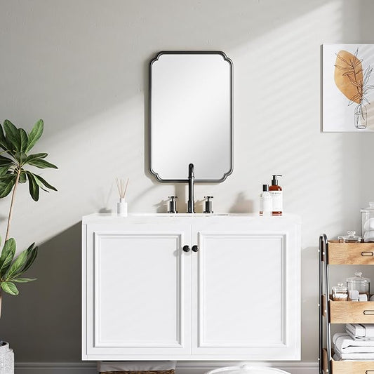 22x34 Inch Black Bathroom Mirror, Metal Framed Wall Mirror with Rounded Edges, Rustproof Horizontal Vertical Hanging for Vanity Over Sink